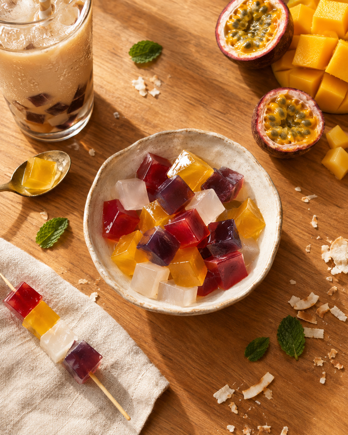 Overhead flat lay of colorful konjac jelly cubes in a bowl surrounded by fresh mango, mint leaves, and a bubble tea glass layered with jelly cubes