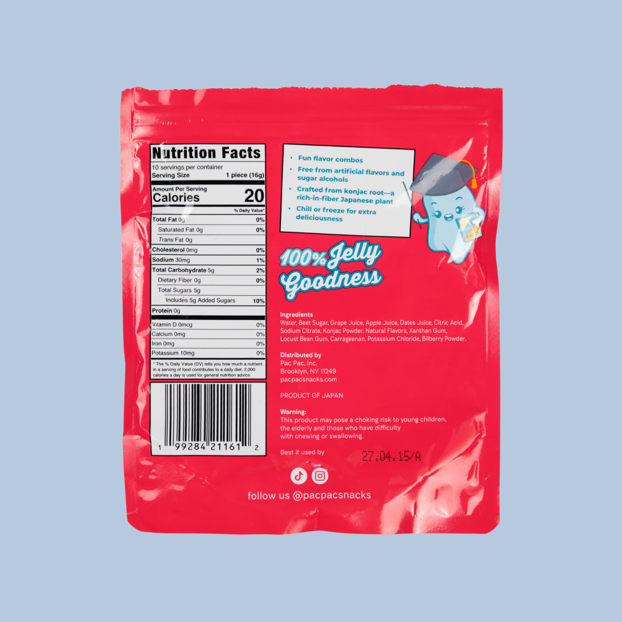 Back panel of Pac Pac berry punch konjac chews bag showing nutrition facts and ingredients