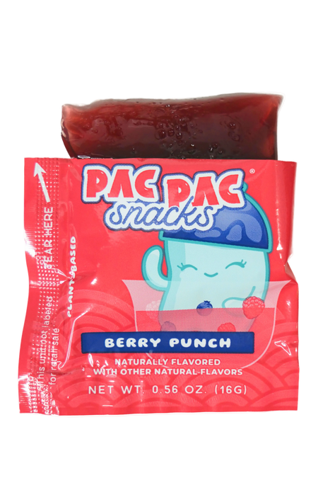 Pac Pac berry punch konjac jelly open sachet with jelly coming out of top
