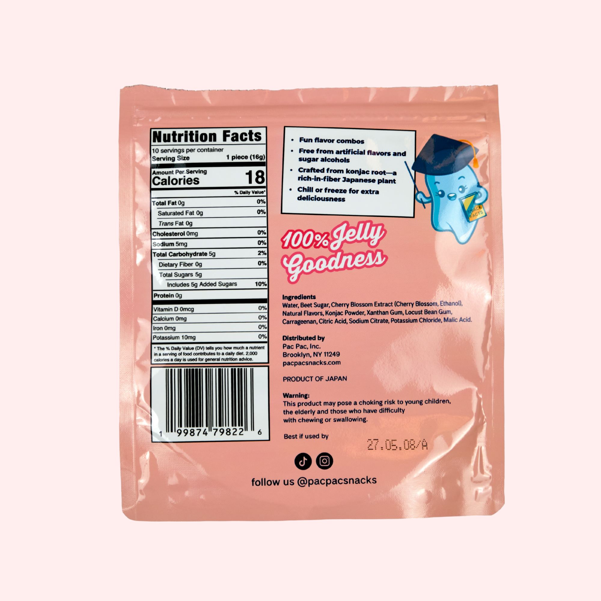 Back panel of Pac Pac cherry blossom konjac chews bag showing nutrition facts and ingredients