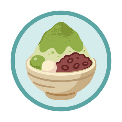 A stylized illustration of a bowl of shaved ice dessert with green toppings, red bean paste, and a green round candy, centered inside a light blue circle with a teal border.