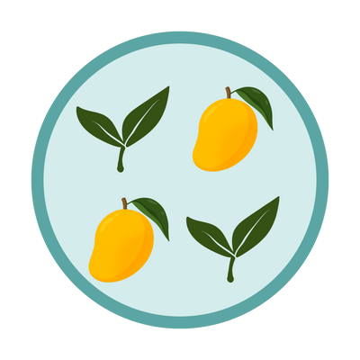 A circular graphic featuring two yellow mangoes with green leaves on a light blue background, enclosed in a teal border on a white background.
