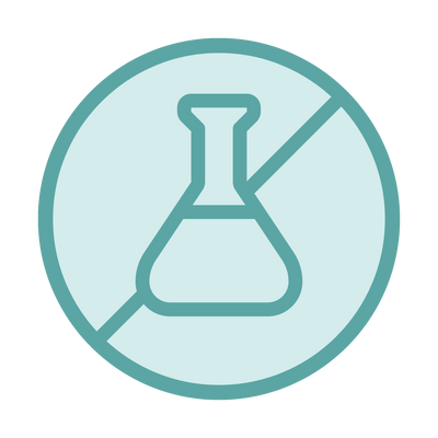 A teal circular icon with a flask symbol crossed out by a diagonal line, centered on a white background.