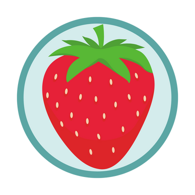 A stylized vector illustration of a single red strawberry with green leaves, centered inside a light blue circle with a teal border on a white background.