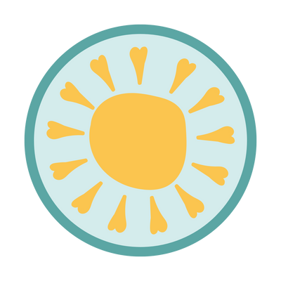 A flat vector-style sun icon inside a circular frame, with a yellow-orange center and radiating yellow rays on a light blue circle, all on a white background.