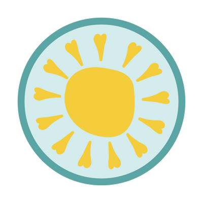 A stylized circular sun icon with a yellow center and radiating yellow rays inside a light blue circle, bordered by a teal ring on a white background.