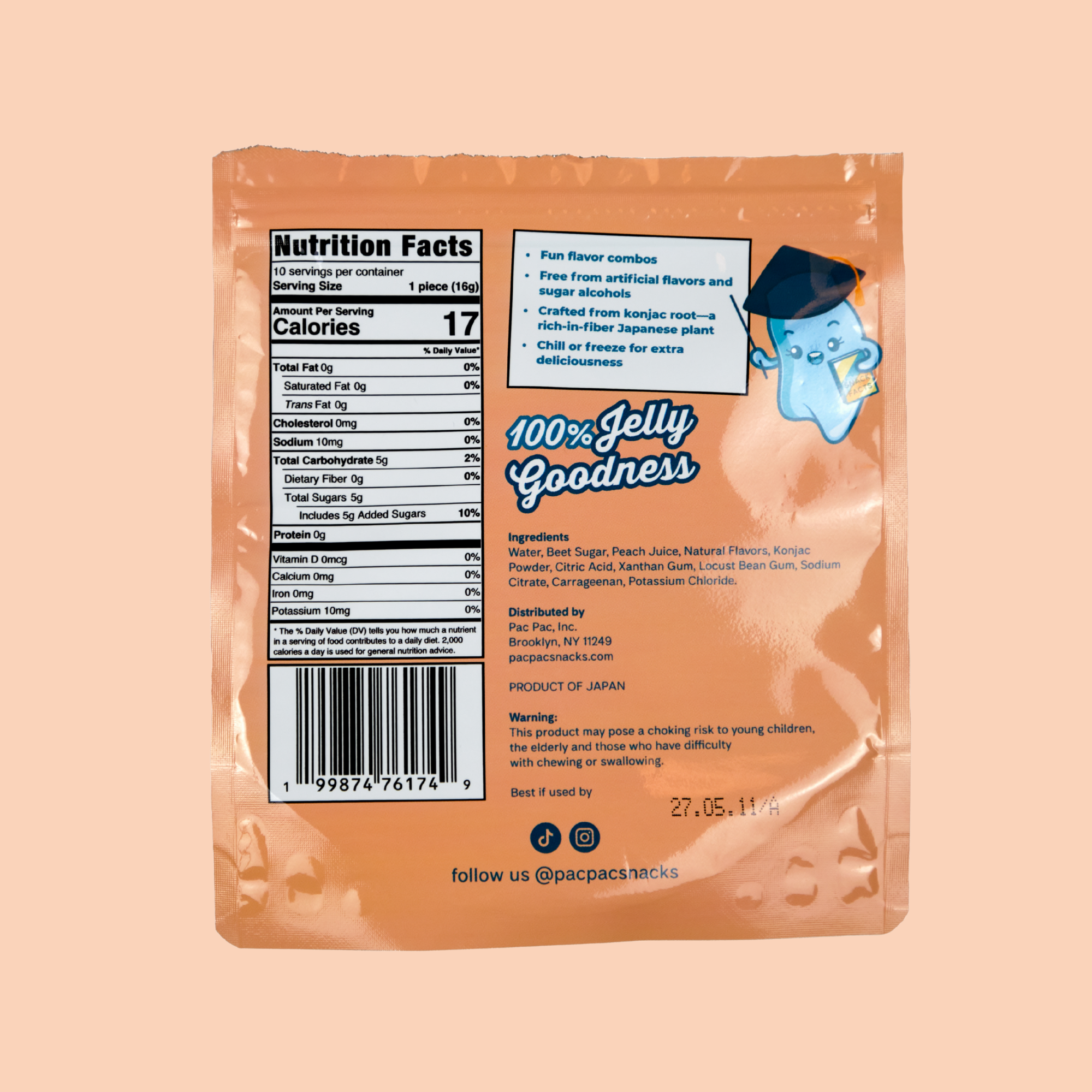 Back panel of Pac Pac peaches and cream konjac chews bag showing nutrition facts and ingredients