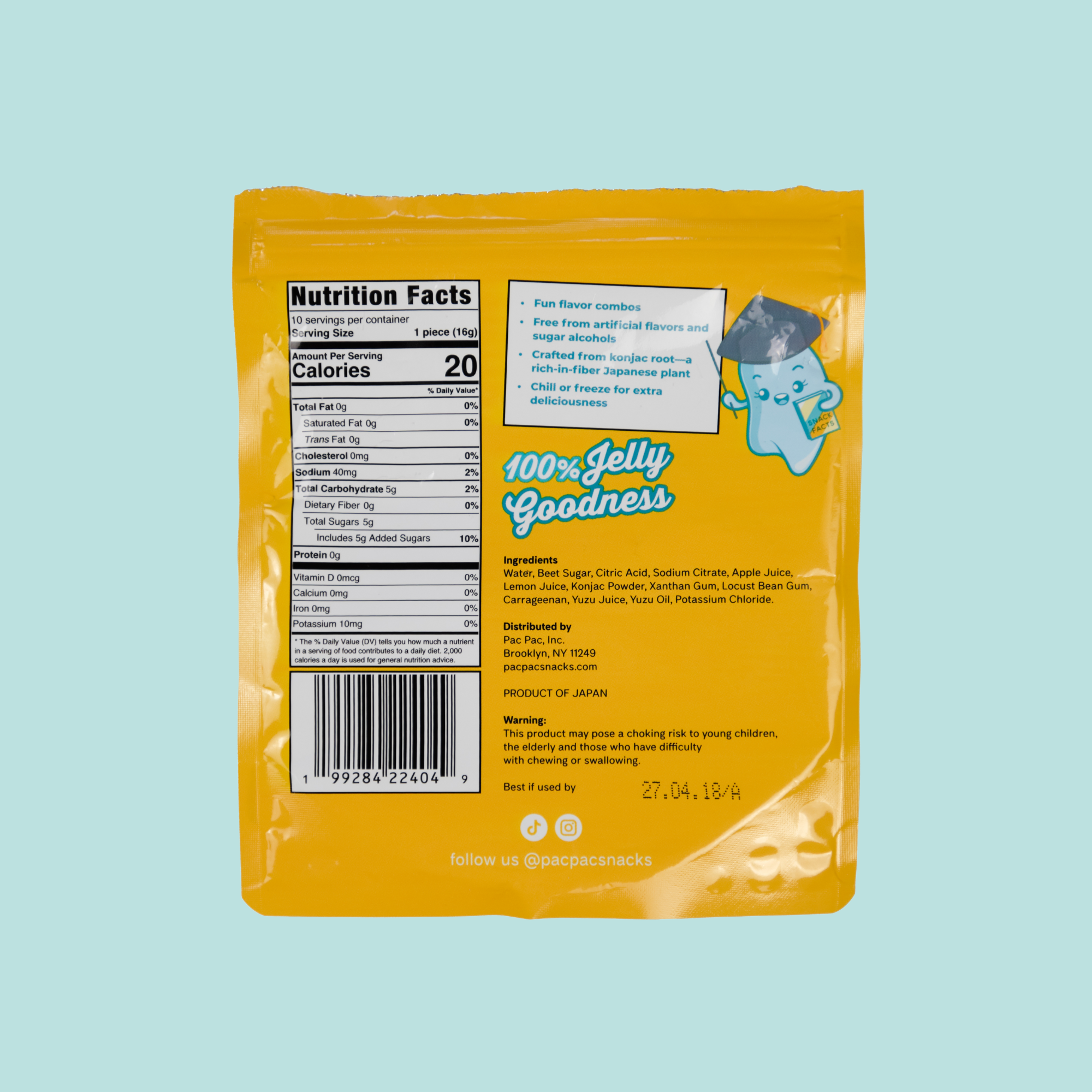 Back panel of Pac Pac yuzu lemonade konjac chews bag showing nutrition facts and ingredients